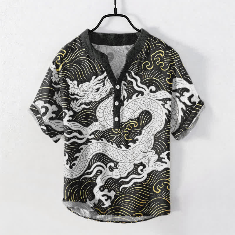 Buddha Stones Camisa de manga corta con medio botón para hombre, de algodón blanco, con estampado de olas de dragón. - Negro - US/UK/AU50, EU60 (5XL) - image 0