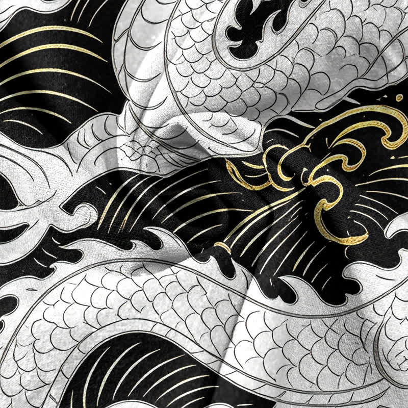 Buddha Stones Camisa de manga corta con medio botón para hombre, de algodón blanco, con estampado de olas de dragón. - image 4