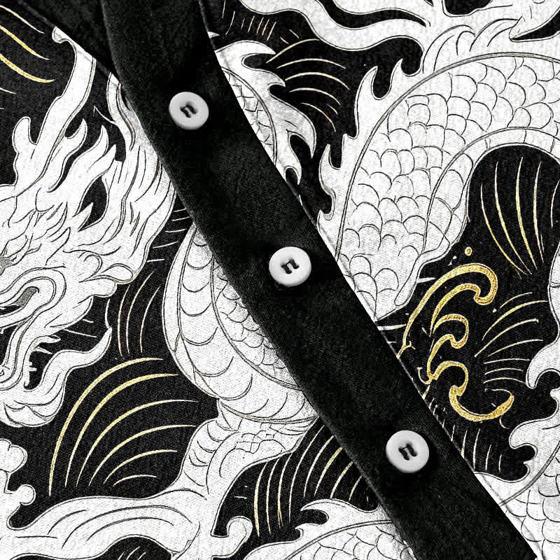 Buddha Stones Camisa de manga corta con medio botón para hombre, de algodón blanco, con estampado de olas de dragón. - image 3