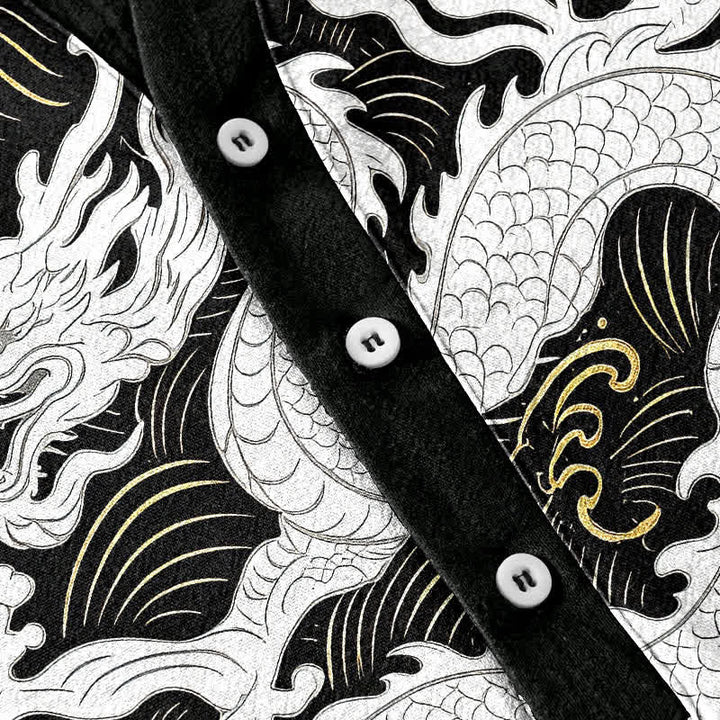 Buddha Stones Camisa de manga corta con medio botón para hombre, de algodón blanco, con estampado de olas de dragón. - image 3