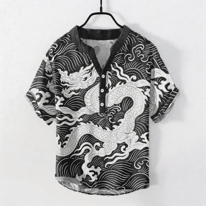 Buddha Stones Camisa de manga corta con medio botón para hombre, de algodón blanco, con estampado de olas de dragón. - Plata - US/UK/AU50, EU60 (5XL) - image 5