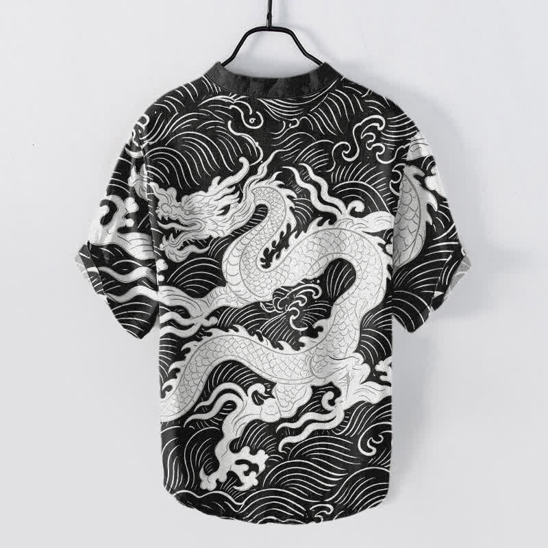 Buddha Stones Camisa de manga corta con medio botón para hombre, de algodón blanco, con estampado de olas de dragón. - image 6