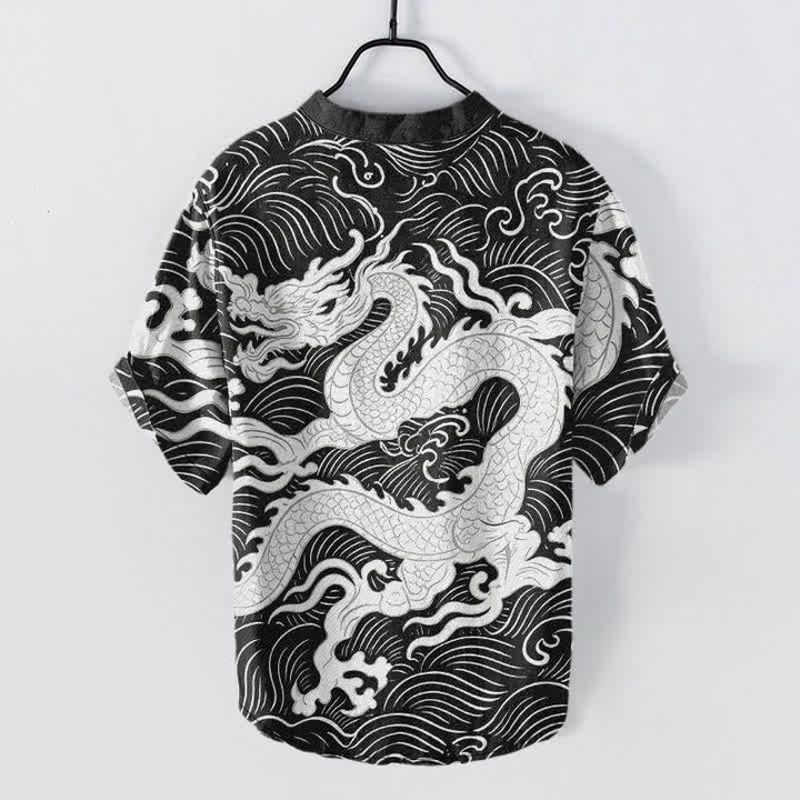 Buddha Stones Camisa de manga corta con medio botón para hombre, de algodón blanco, con estampado de olas de dragón. - image 6