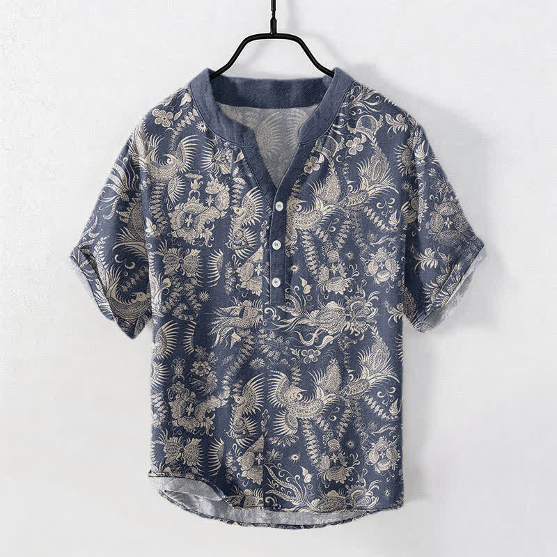 Buddha Stones Camisa de manga corta con medio botón y estampado floral botánico de algodón para hombre - Azul acero - US/UK/AU50, EU60 (5XL) - image 0