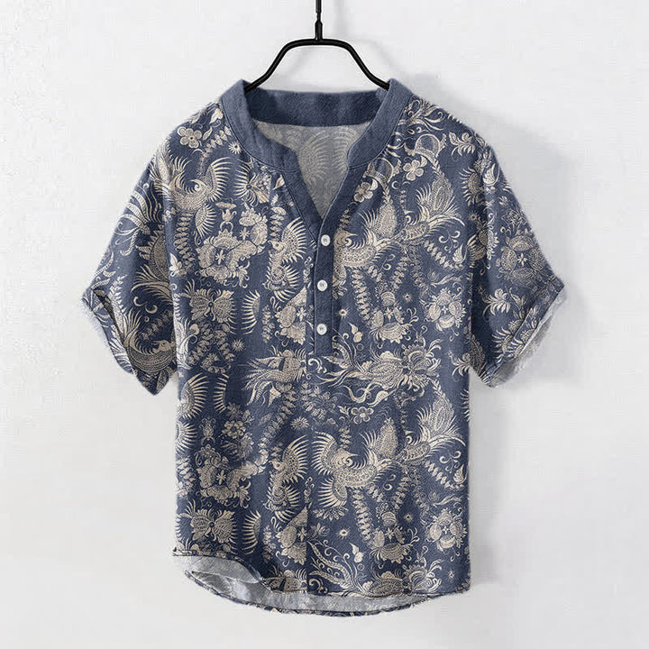 Buddha Stones Camisa de manga corta con medio botón y estampado floral botánico de algodón para hombre - Azul acero - US/UK/AU50, EU60 (5XL) - image 0