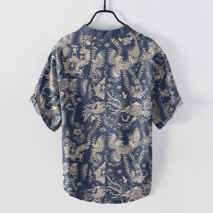 Buddha Stones Camisa de manga corta con medio botón y estampado floral botánico de algodón para hombre - image 1