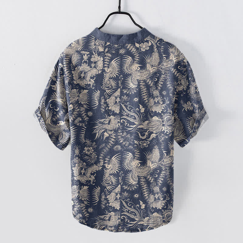 Buddha Stones Camisa de manga corta con medio botón y estampado floral botánico de algodón para hombre - image 1