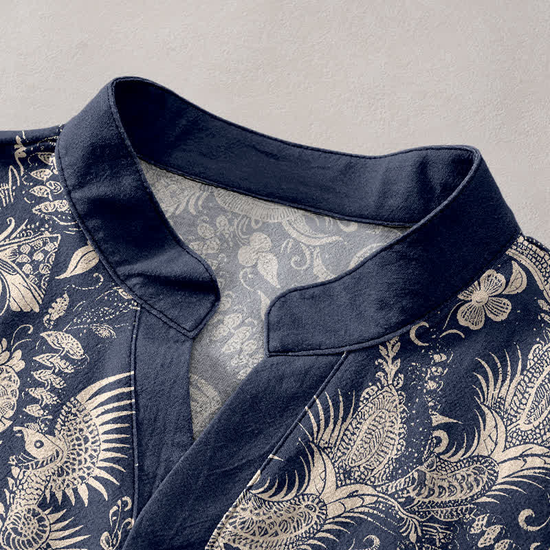 Buddha Stones Camisa de manga corta con medio botón y estampado floral botánico de algodón para hombre - image 2