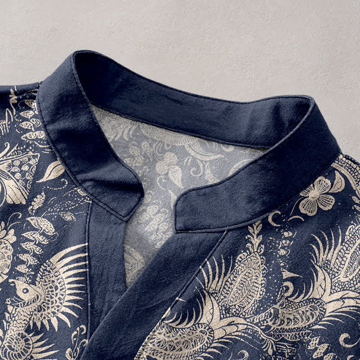 Buddha Stones Camisa de manga corta con medio botón y estampado floral botánico de algodón para hombre - image 2