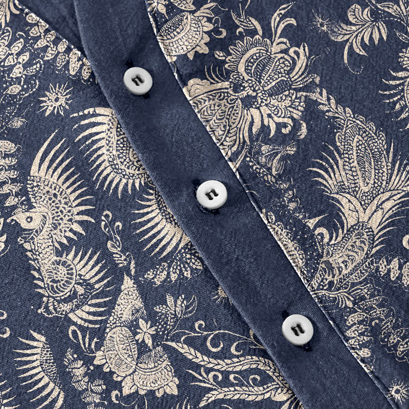 Buddha Stones Camisa de manga corta con medio botón y estampado floral botánico de algodón para hombre - image 3