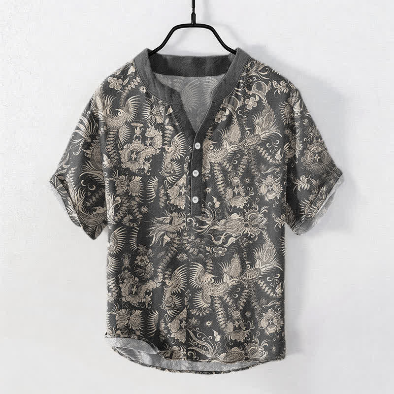 Buddha Stones Camisa de manga corta con medio botón y estampado floral botánico de algodón para hombre - Gris pizarra - US/UK/AU50, EU60 (5XL) - image 5