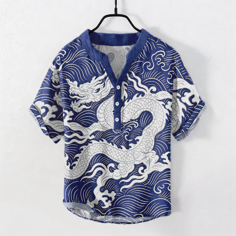 Buddha Stones Camisa de manga corta con medio botón para hombre, de algodón blanco, con estampado de olas de dragón. - Azul real - US/UK/AU50, EU60 (5XL) - image 7