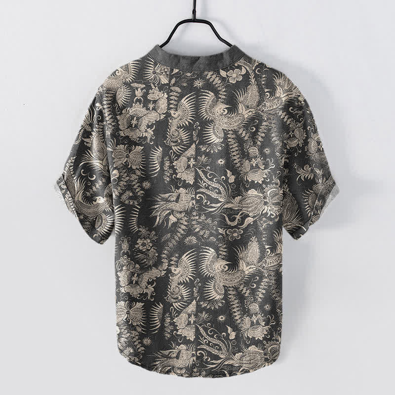 Buddha Stones Camisa de manga corta con medio botón y estampado floral botánico de algodón para hombre - image 6