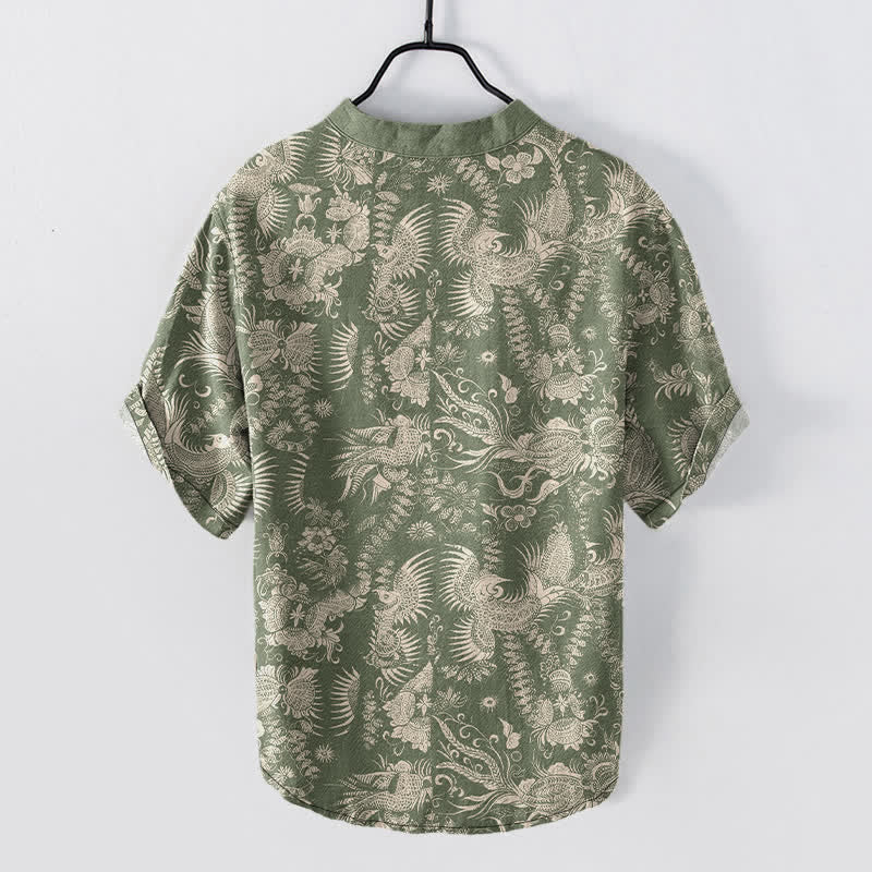 Buddha Stones Camisa de manga corta con medio botón y estampado floral botánico de algodón para hombre - image 8