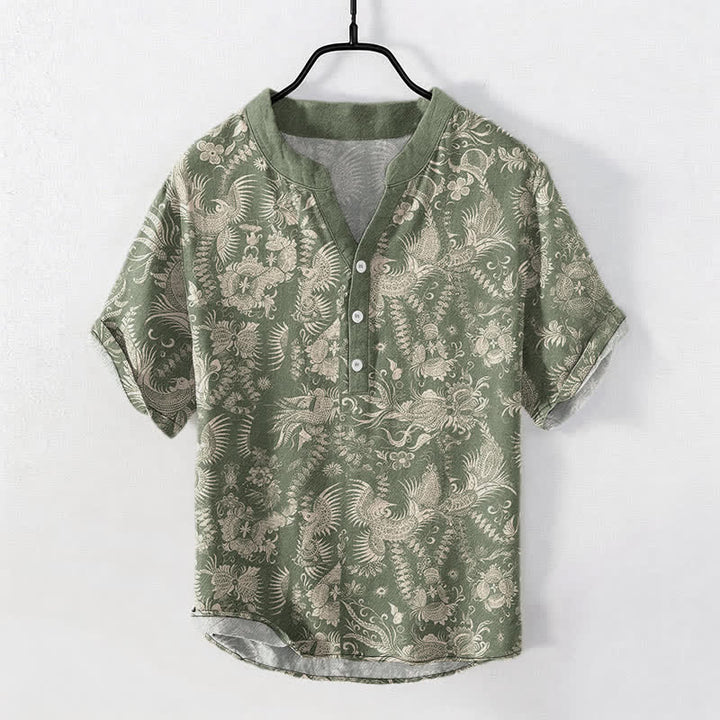 Buddha Stones Camisa de manga corta con medio botón y estampado floral botánico de algodón para hombre - Verde oliva oscuro - US/UK/AU50, EU60 (5XL) - image 7