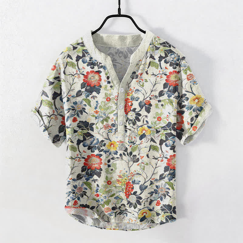 Buddha Stones Camisa de manga corta con medio botón y estampado floral vintage de algodón para hombre - Marfil - US/UK/AU50, EU60 (5XL) - image 0