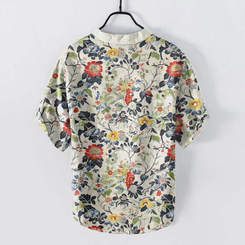 Buddha Stones Camisa de manga corta con medio botón y estampado floral vintage de algodón para hombre - image 1