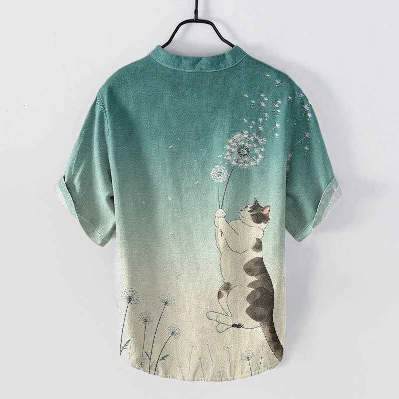Buddha Stones Camisa de manga corta con medio botón y estampado de diente de león y gato dibujado a mano para hombre, de algodón. - image 1