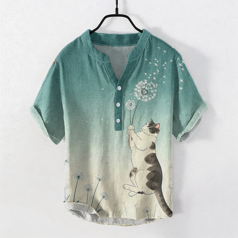 Buddha Stones Camisa de manga corta con medio botón y estampado de diente de león y gato dibujado a mano para hombre, de algodón. - Verde mar medio - US/UK/AU50, EU60 (5XL) - image 0
