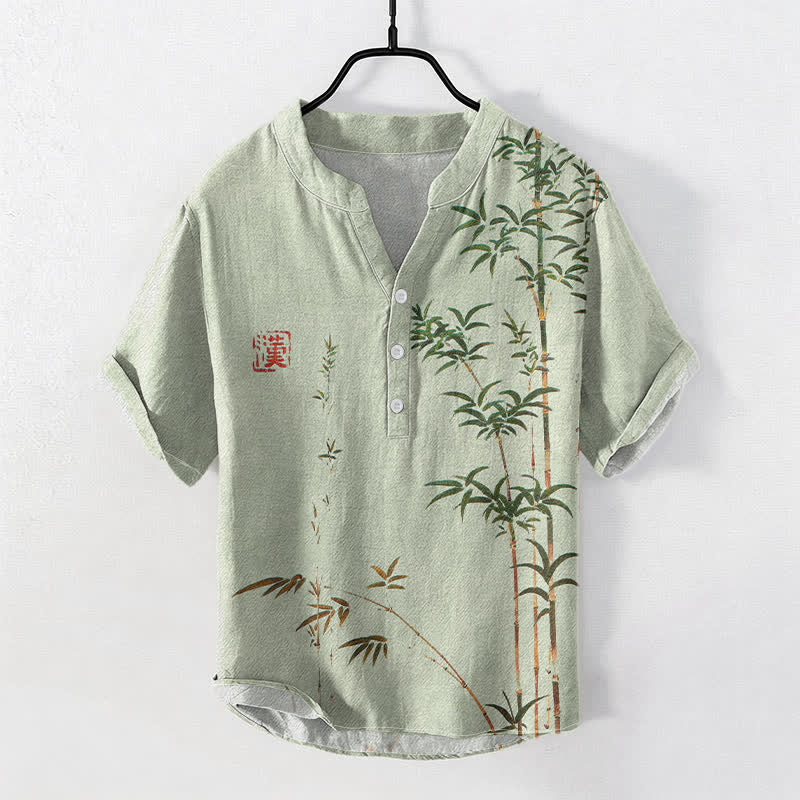 Buddha Stones Camisa de manga corta con medio botón para hombre, de algodón y bambú, con estampado de lavado a la tinta. - Verde pálido - US/UK/AU50, EU60 (5XL) - image 0