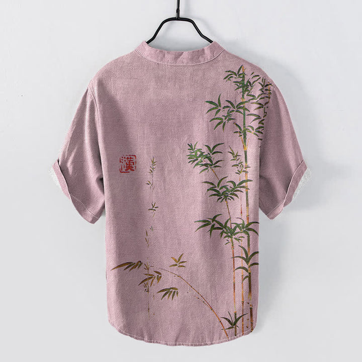 Buddha Stones Camisa de manga corta con medio botón para hombre, de algodón y bambú, con estampado de lavado a la tinta. - image 4