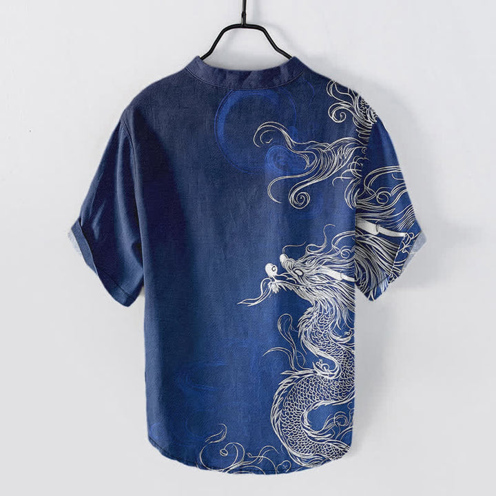 Buddha Stones Camisa de manga corta con medio botón para hombre, de algodón, con estampado de dragón blanco grande. - image 1
