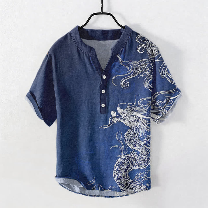 Buddha Stones Camisa de manga corta con medio botón para hombre, de algodón, con estampado de dragón blanco grande. - Marina de guerra - US/UK/AU50, EU60 (5XL) - image 0