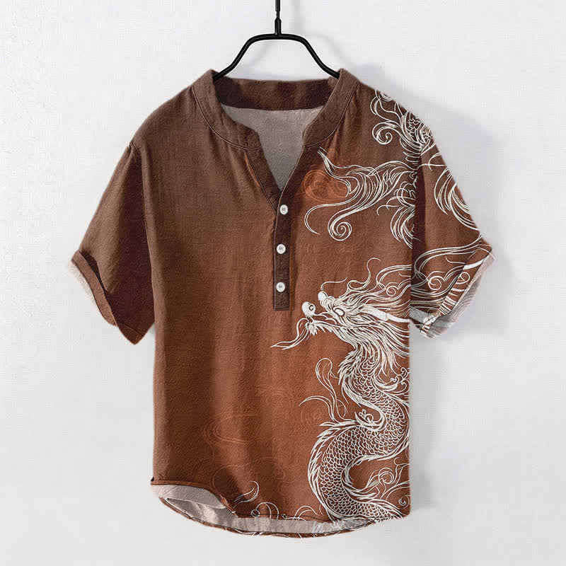 Buddha Stones Camisa de manga corta con medio botón para hombre, de algodón, con estampado de dragón blanco grande. - Marrón silla de montar - US/UK/AU50, EU60 (5XL) - image 5
