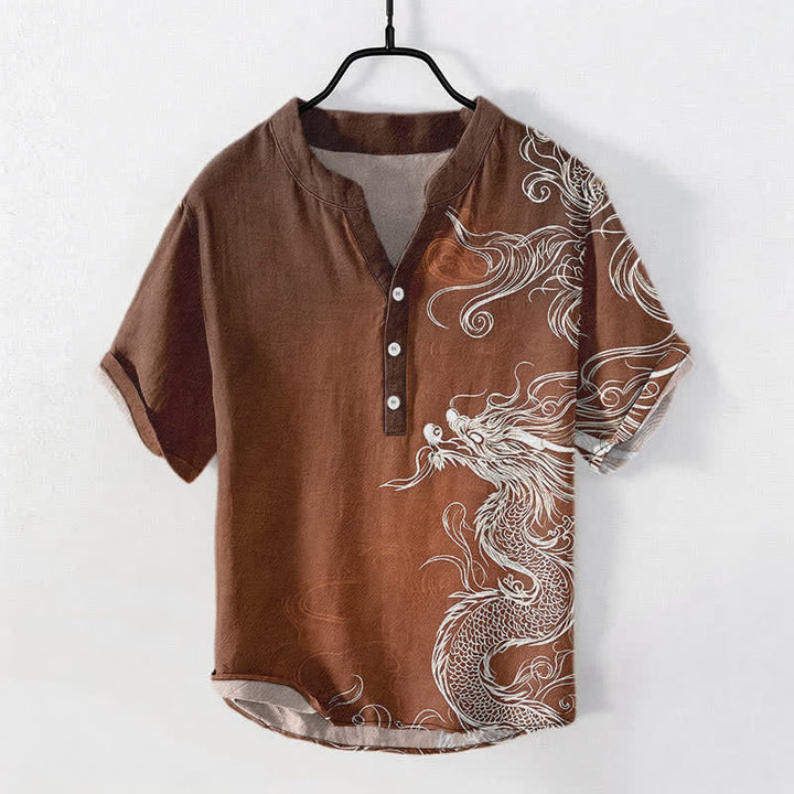 Buddha Stones Camisa de manga corta con medio botón para hombre, de algodón, con estampado de dragón blanco grande. - Marrón silla de montar - US/UK/AU50, EU60 (5XL) - image 5