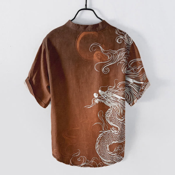 Buddha Stones Camisa de manga corta con medio botón para hombre, de algodón, con estampado de dragón blanco grande. - image 6