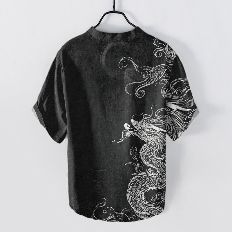Buddha Stones Camisa de manga corta con medio botón para hombre, de algodón, con estampado de dragón blanco grande. - image 8