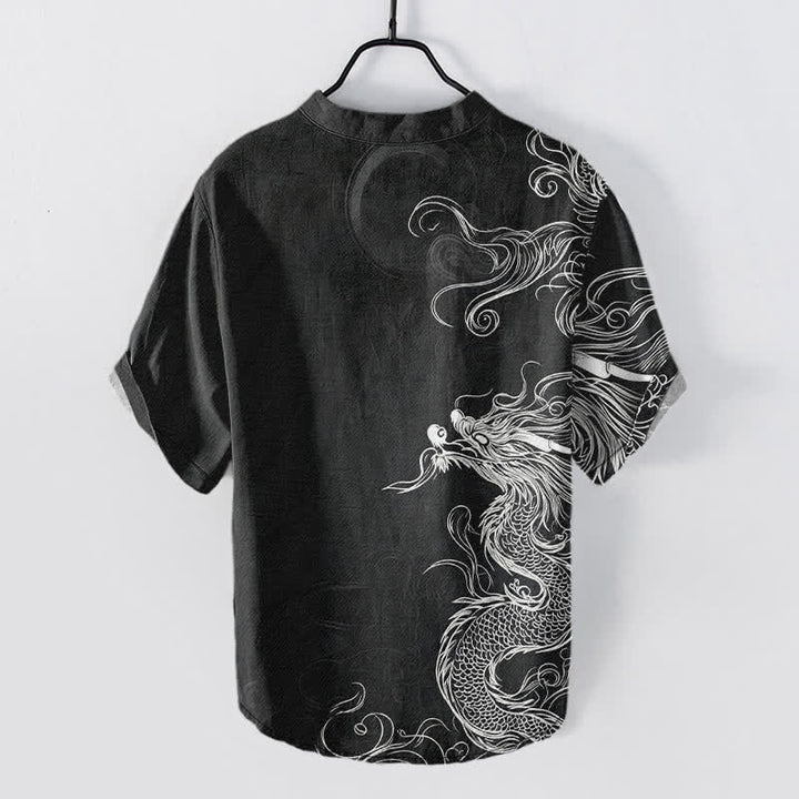 Buddha Stones Camisa de manga corta con medio botón para hombre, de algodón, con estampado de dragón blanco grande. - image 8