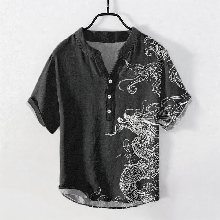 Buddha Stones Camisa de manga corta con medio botón para hombre, de algodón, con estampado de dragón blanco grande. - Negro - US/UK/AU50, EU60 (5XL) - image 7