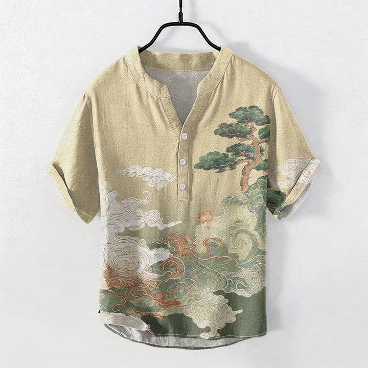 Buddha Stones Camisa de manga corta con medio botón para hombre, con estampado de olas de pino y tinta de algodón. - Caqui - US/UK/AU50, EU60 (5XL) - image 0