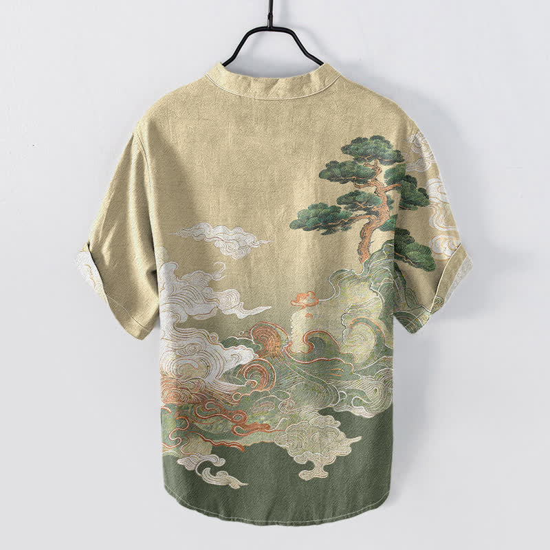 Buddha Stones Camisa de manga corta con medio botón para hombre, con estampado de olas de pino y tinta de algodón. - image 1