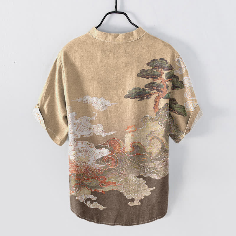 Buddha Stones Camisa de manga corta con medio botón para hombre, con estampado de olas de pino y tinta de algodón. - image 4