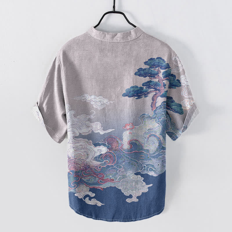 Buddha Stones Camisa de manga corta con medio botón para hombre, con estampado de olas de pino y tinta de algodón. - image 6