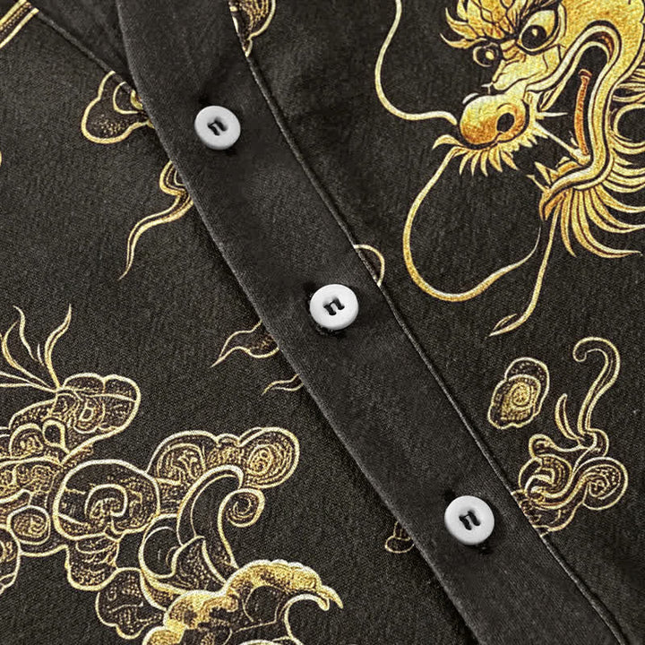 Buddha Stones Camisa de manga corta con medio botón para hombre, de algodón, con estampado de nube y dragón dorado. - image 4