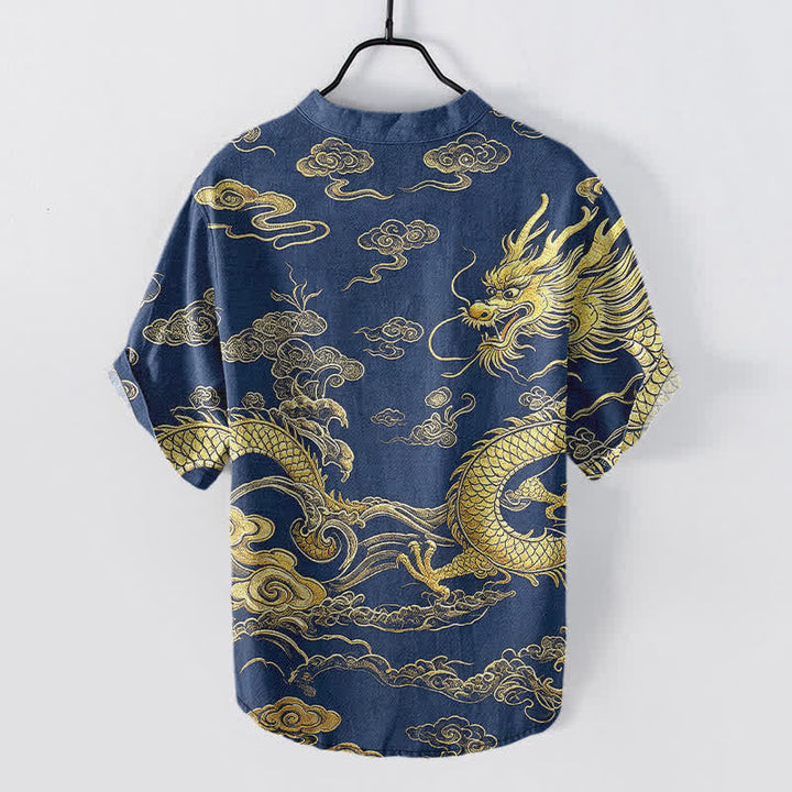 Buddha Stones Camisa de manga corta con medio botón para hombre, de algodón, con estampado de nube y dragón dorado. - image 6