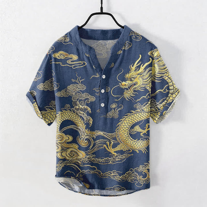 Buddha Stones Camisa de manga corta con medio botón para hombre, de algodón, con estampado de nube y dragón dorado. - Azul real - US/UK/AU50, EU60 (5XL) - image 5