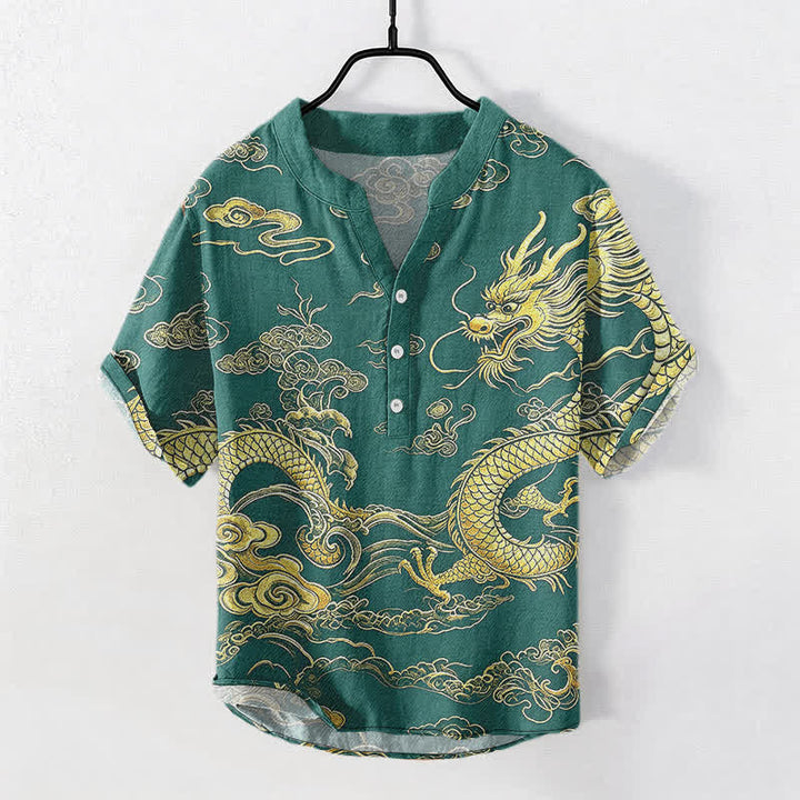 Buddha Stones Camisa de manga corta con medio botón para hombre, de algodón, con estampado de nube y dragón dorado. - Verdemar - US/UK/AU50, EU60 (5XL) - image 7