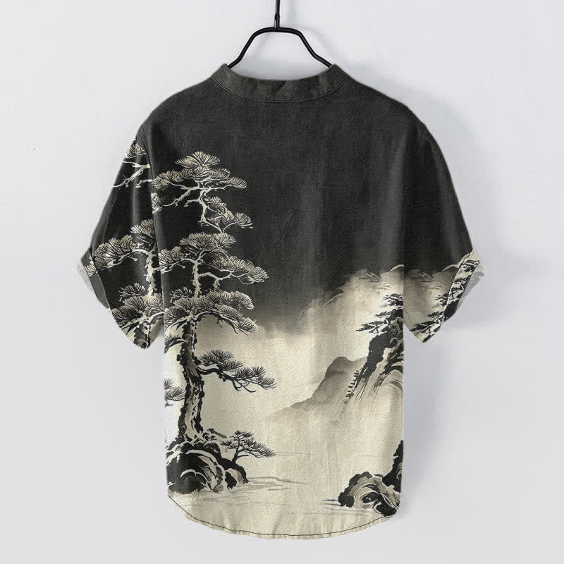 Buddha Stones Camisa de manga corta con medio botón para hombre, de algodón con estampado de paisaje lavado a la tinta. - image 1