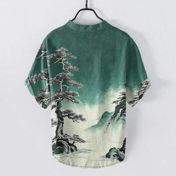 Buddha Stones Camisa de manga corta con medio botón para hombre, de algodón con estampado de paisaje lavado a la tinta. - image 6
