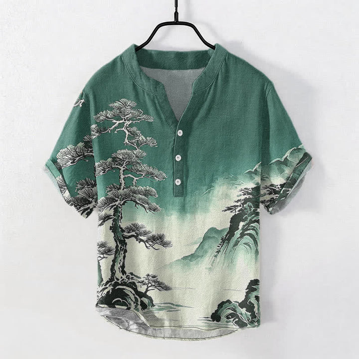 Buddha Stones Camisa de manga corta con medio botón para hombre, de algodón con estampado de paisaje lavado a la tinta. - Verdemar - US/UK/AU50, EU60 (5XL) - image 5