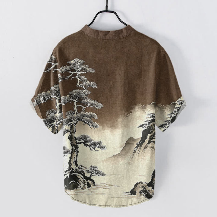 Buddha Stones Camisa de manga corta con medio botón para hombre, de algodón con estampado de paisaje lavado a la tinta. - Marrón silla de montar - US/UK/AU50, EU60 (5XL) - image 8