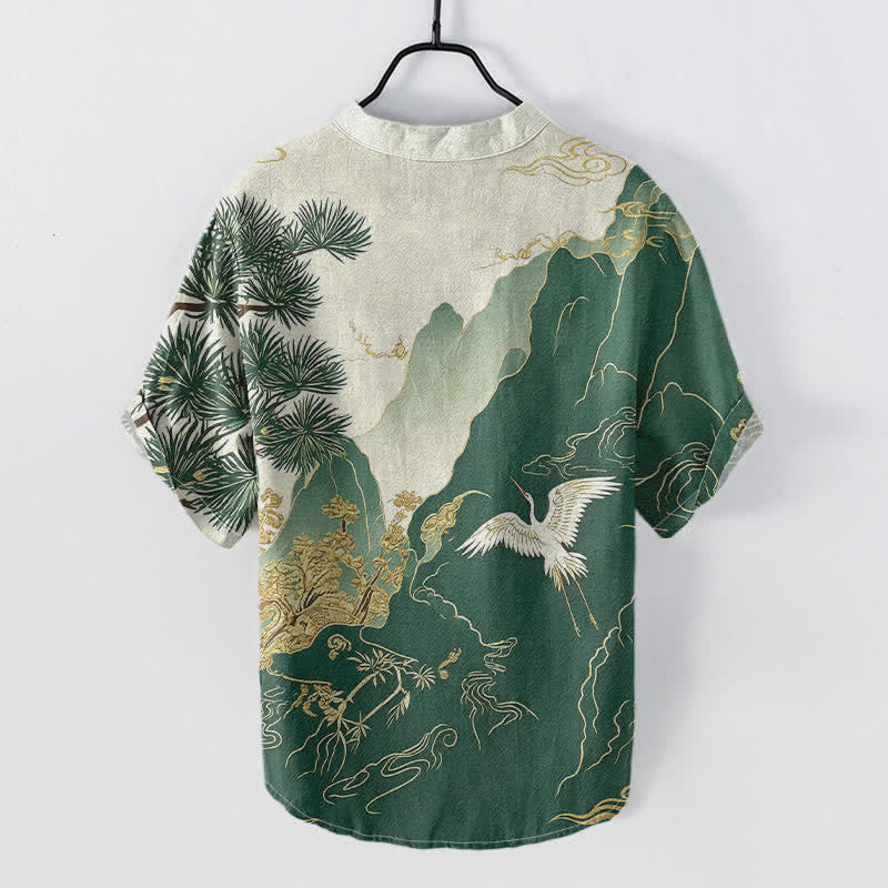 Buddha Stones Camisa de manga corta con medio botón para hombre, de algodón, con estampado de paisaje de grullas de montaña orientales. - image 1