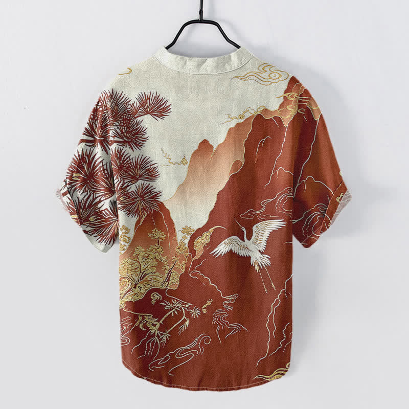 Buddha Stones Camisa de manga corta con medio botón para hombre, de algodón, con estampado de paisaje de grullas de montaña orientales. - image 4