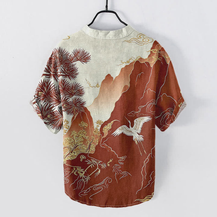 Buddha Stones Camisa de manga corta con medio botón para hombre, de algodón, con estampado de paisaje de grullas de montaña orientales. - image 4