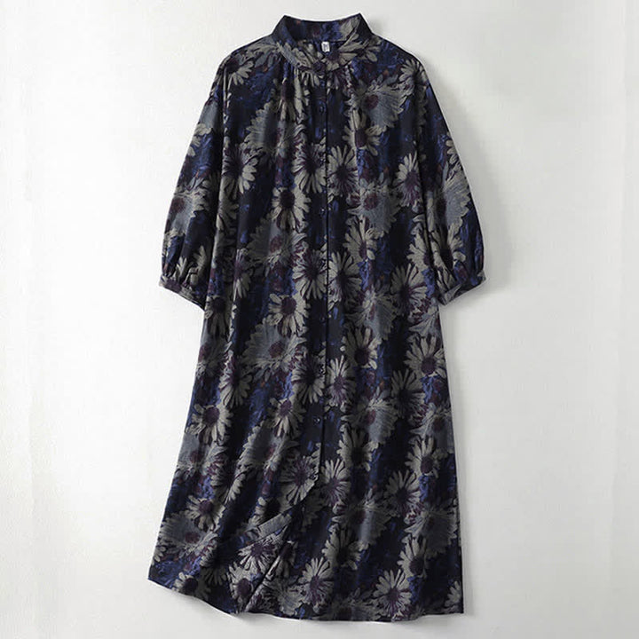 Buddha Stones Vestido de mujer de estilo vintage de primavera con cuello mandarín, botones, estampado floral, mangas hasta el codo y bolsillos. - Azul medianoche - US12, UK/AU16, EU44 (2XL) - image 0
