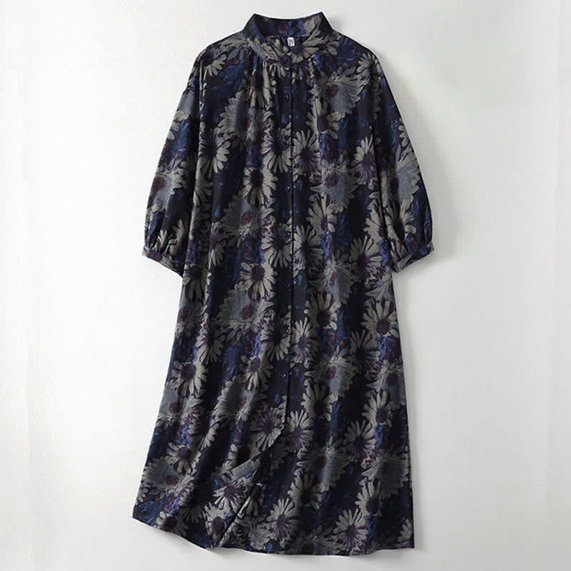 Buddha Stones Vestido de mujer de estilo vintage de primavera con cuello mandarín, botones, estampado floral, mangas hasta el codo y bolsillos. - Azul medianoche - US12, UK/AU16, EU44 (2XL) - image 0